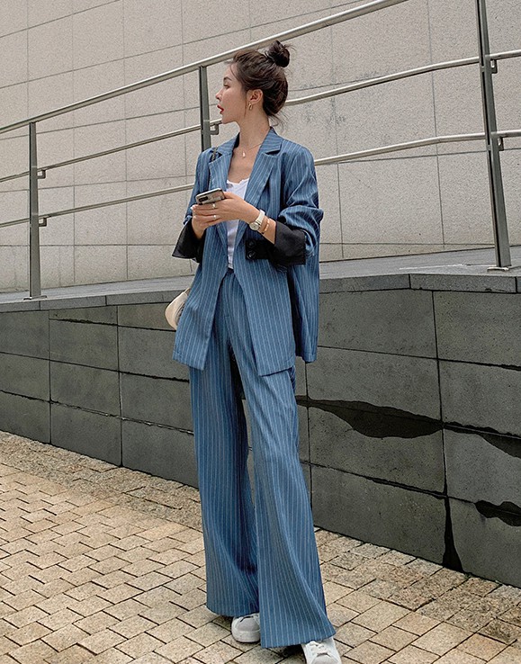 パンツスーツ セットアップ レディース おしゃれ カジュアル スーツ ストライプ ワイドパンツ オフィス 通勤服 大きいサイズ ゆったり 個性的 オフィスカジュアル オーバーサイズ ビッグシルエット アシンメトリー Liceochiloe Cl