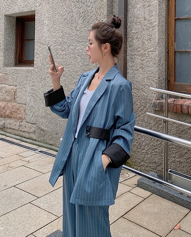 パンツスーツ セットアップ レディース おしゃれ カジュアル スーツ ストライプ ワイドパンツ オフィス 通勤服 大きいサイズ ゆったり 個性的 オフィスカジュアル オーバーサイズ ビッグシルエット アシンメトリー Liceochiloe Cl