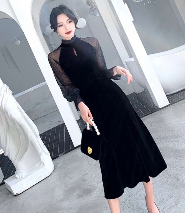 楽天市場 一部即納 パーティードレス 結婚式 お呼ばれ ドレス ロング 袖あり 黒 セットアップ ベロア ワンピース レディース 韓国 ミモレ丈 長袖 大きいサイズ 代 30代 ペプラム シースルー スタンドカラー ハイネック 透け感 肌見せ 大人可愛い ｌｅａｐ
