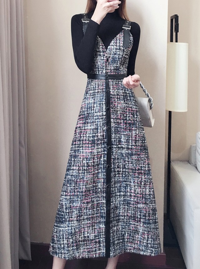 前掛けスコート ツィード 衣裳 ロング ミモレ丈 セットアップ レディース 秋冬 トップス 長袖 大層らしい大きさ 黒 韓国 流行り物 冬 秋 春 好いたらしいめ 心地よい お呼ばれ 今めかしい 成年者好いたらしい