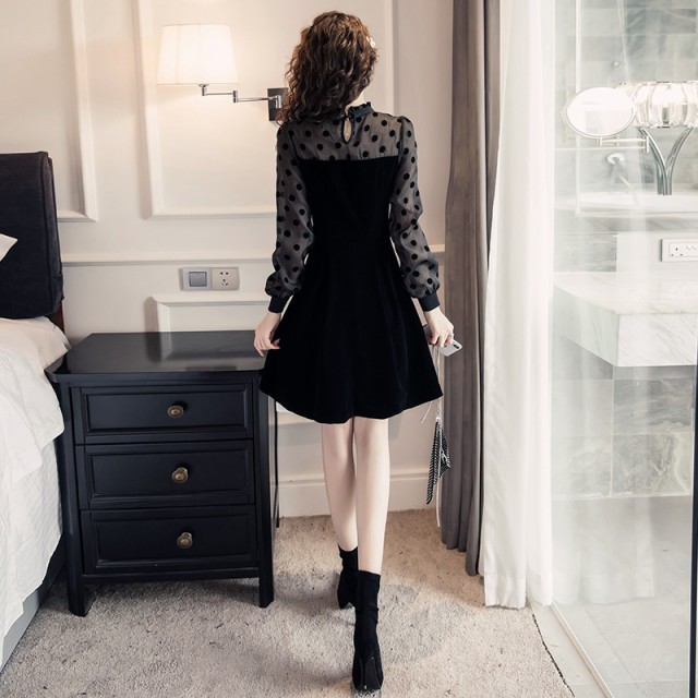 楽天市場 パーティードレス 袖あり 長袖 ミニ 黒 結婚式 お呼ばれ ドレス ワンピース 大きいサイズ ミニドレス シースルー ハイネック スタンドカラー スタンドネック ベロア ドット 水玉 セクシー きれいめ 代 ｌｅａｐ