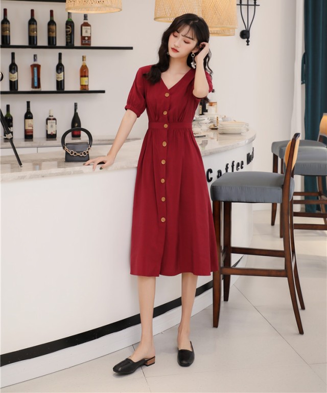 楽天市場 Vネック ワンピース ミモレ丈 フロントボタン 赤 黒 ワンピース レディース 春服 夏 ハイウエスト 大きいサイズ カジュアル 袖あり 半袖 パフスリーブ ウエストマーク きれいめ 代 30代 40代 デート服 ｌｅａｐ