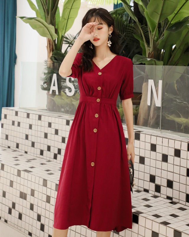 楽天市場 Vネック ワンピース ミモレ丈 フロントボタン 赤 黒 ワンピース レディース 春服 夏 ハイウエスト 大きいサイズ カジュアル 袖あり 半袖 パフスリーブ ウエストマーク きれいめ 代 30代 40代 デート服 ｌｅａｐ