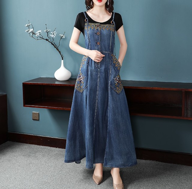 ロング ワンピース キャミワンピ マキシワンピース サロペット キャミワンピ ロングワンピース デニム 大きいサイズ マキシ レディース デニム ノースリーブ 刺繍 春 夏 サロペット スカート おしゃれ カジュアル ｌｅａｐ