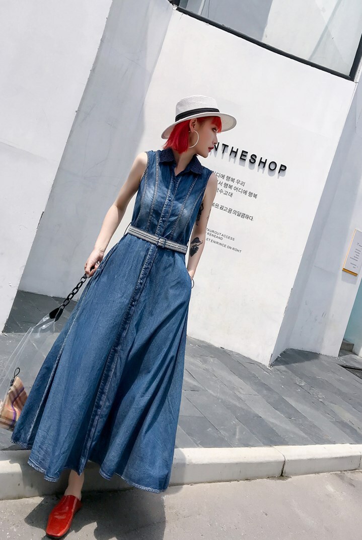 ノースリーブ シャツワンピ ノースリーブ ワンピース ウエストマーク 3l ワンピース ロングワンピース 大きいサイズ デニム ロングワンピース 4l 春 レディース デート 小さいサイズ Xs 体型カバー 夏 ｌｅａｐ