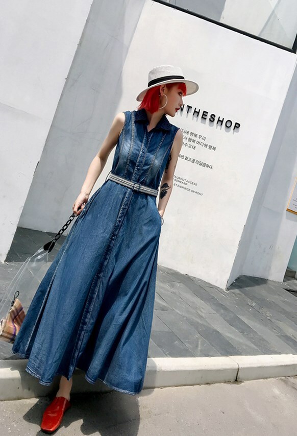 楽天市場 ロングワンピース デニム ノースリーブ ウエストマーク シャツワンピ レディース ワンピース デート 大きいサイズ 3l 4l 小さいサイズ Xs 体型カバー 春 夏 ｌｅａｐ