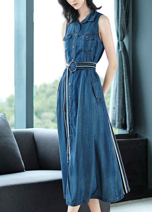 楽天市場 一部即納 ロング デニム ワンピース ノースリーブ レディース シャツワンピース ウエストマーク バックストライプ 大きいサイズ 3l 4l 小さいサイズ 切り替え 襟付き カジュアル 夏服 デート服 おしゃれ 個性的 ｌｅａｐ