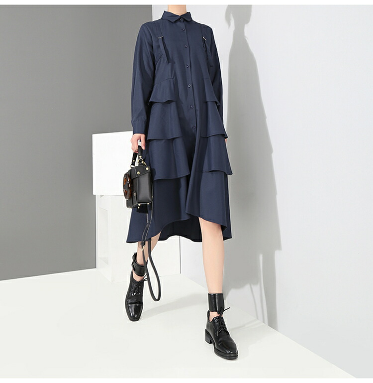 楽天市場 ティアード フリル ワンピース ミモレ丈 ひざ丈 長袖 Aライン レディース ゆったり 無地 個性的 ガーリー 大人可愛い オフィス 通勤服 デート 春 夏 秋 冬 シャツワンピース 襟付き ｌｅａｐ