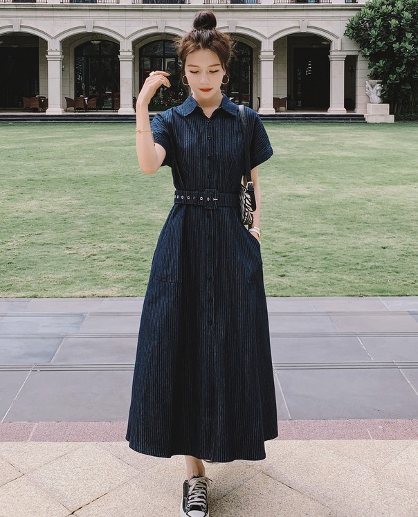 楽天市場 デニム ワンピース ロング マキシ シャツワンピース 半袖 ストライプ マキシワンピース ロングワンピース Aライン レディース ウエストマーク 大きいサイズ 襟付き 夏 春 春夏 代 30代 40代 おしゃれ 大人可愛い ｌｅａｐ