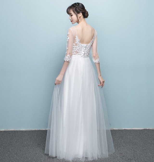 楽天市場 ウエディングドレス 二次会 シースルー 袖あり パーティードレス カラードレス レース 花嫁 結婚式 お呼ばれ ドレス 大きいサイズ 白 ロングドレス 演奏会 マキシ丈 五分袖 ホワイト 花柄 透け感 シースルー ｖネック フェミニン ｌｅａｐ