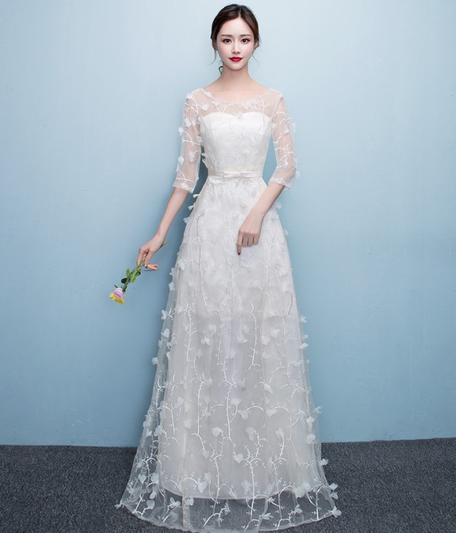 楽天市場 ウエディングドレス 結婚式 お呼ばれ ドレス 花嫁 二次会 シースルー リボン レース パーティードレス 大きいサイズ 白 ホワイト 赤 レッド 花柄 ひざ丈 マキシ丈 五分袖 袖あり 透け感 フェミニン エレガント ｌｅａｐ