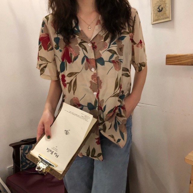 楽天市場 即納 トップス ブラウス シフォンシャツ アロハシャツ レディース 開襟シャツ 半袖 花柄 ゆったり カジュアル レトロ 韓国 夏 フリーサイズ ｌｅａｐ