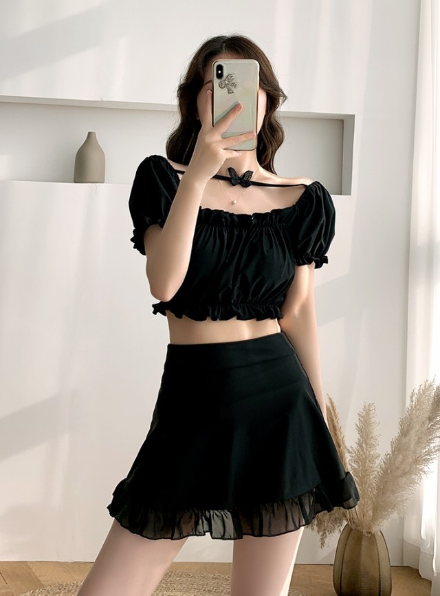 ❤️新品❤️ 水着 フリル 体型カバー タンキニ セパレート ハイウエスト 黒