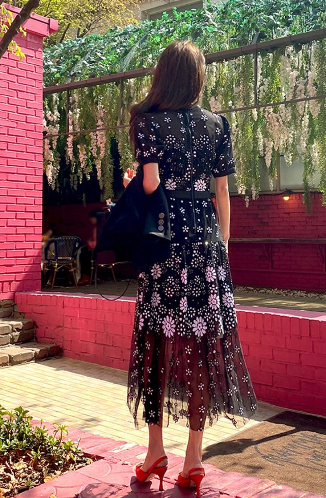 ワンピースドレス パーティードレス 代 30代 40代 おしゃれ お呼ばれドレス きれいめ ウエストマーク カジュアル シアー シースルー パフスリーブ ロングドレス ワンピース 半袖 大きいサイズ 結婚式 花柄 袖あり 透け感 黒 入荷予定 結婚式