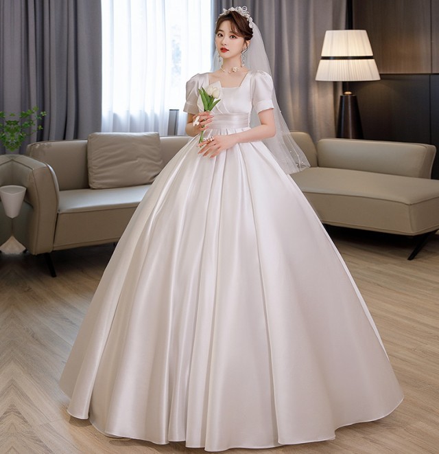 ウェディングドレス 袖あり 半袖 プリンセスライン 結婚式 花嫁 ドレス ハイウエスト 大きいサイズ 3L 4L 5L 6L 7L マタニティドレス 白 ウエストマーク シンプル エレガント 大人可愛い 無地 前撮り
