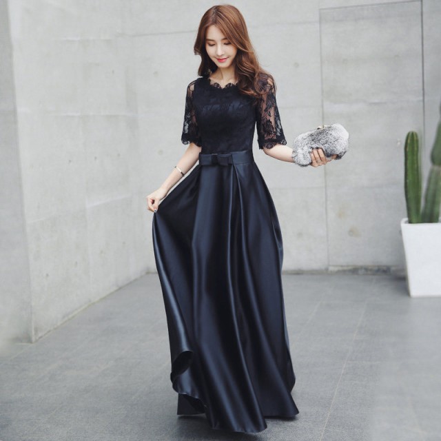 【楽天市場】ドレス 結婚式 お呼ばれ 韓国 パーティードレス 黒 レース ロング丈 五分袖 袖あり シースルー ウエストリボン 上品 大きい