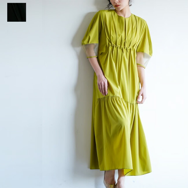ラリアムー Lallia Mu シアー スリーブ タックスモッキング ワンピース 【ブラック 黒 ワンピース ワンピ ロングワンピ レディース 半袖 ハーフスリーブ 秋 無地 クルーネック 速乾 通気性 洗える ポケット付き 服 】 2513330【正規取扱店】