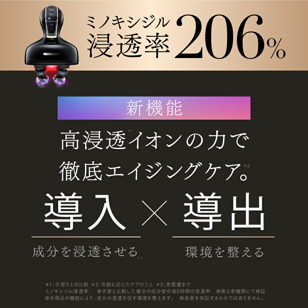 ミノキシジル浸透率206％
新機能
高浸透イオンの力で徹底エイジングケア。
導入・・・成分を浸透させる。
導出・・・環境を整える。