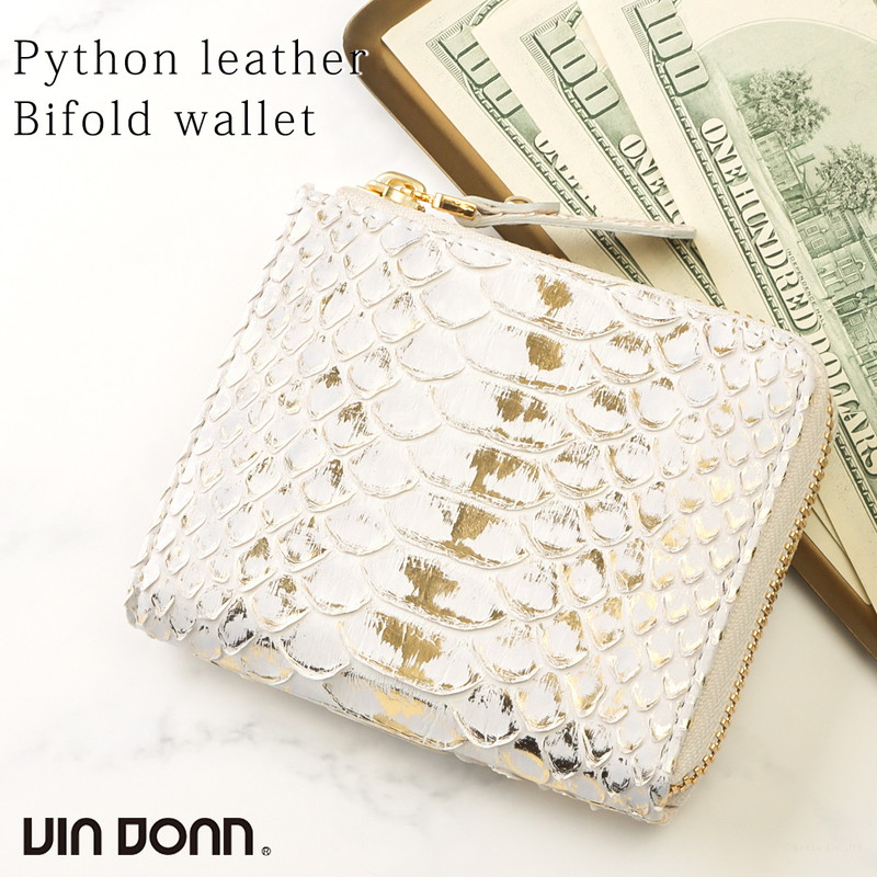 財布 折り財布 L字ファスナー VIADOAN ウォレット パイソン ヘビ革 金箔 ゴールド 金運 開運 ヴィアドアン 白ヘビ コンパクト 使いやすい 多収納二つ折り 国産 職人 女性 レディース ブランド おしゃれ 人気 プレゼント NO.695