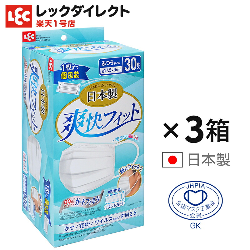 楽天市場 国産マスク 爽快 フィットマスク 普通サイズ 30枚入 3個 90枚 フィット マスク 不織布 まとめ買い 不織布マスク 日本製 個包装 全国マスク工業会員マーク 3層構造 プリーツ 立体構造 レックダイレクト 楽天市場店