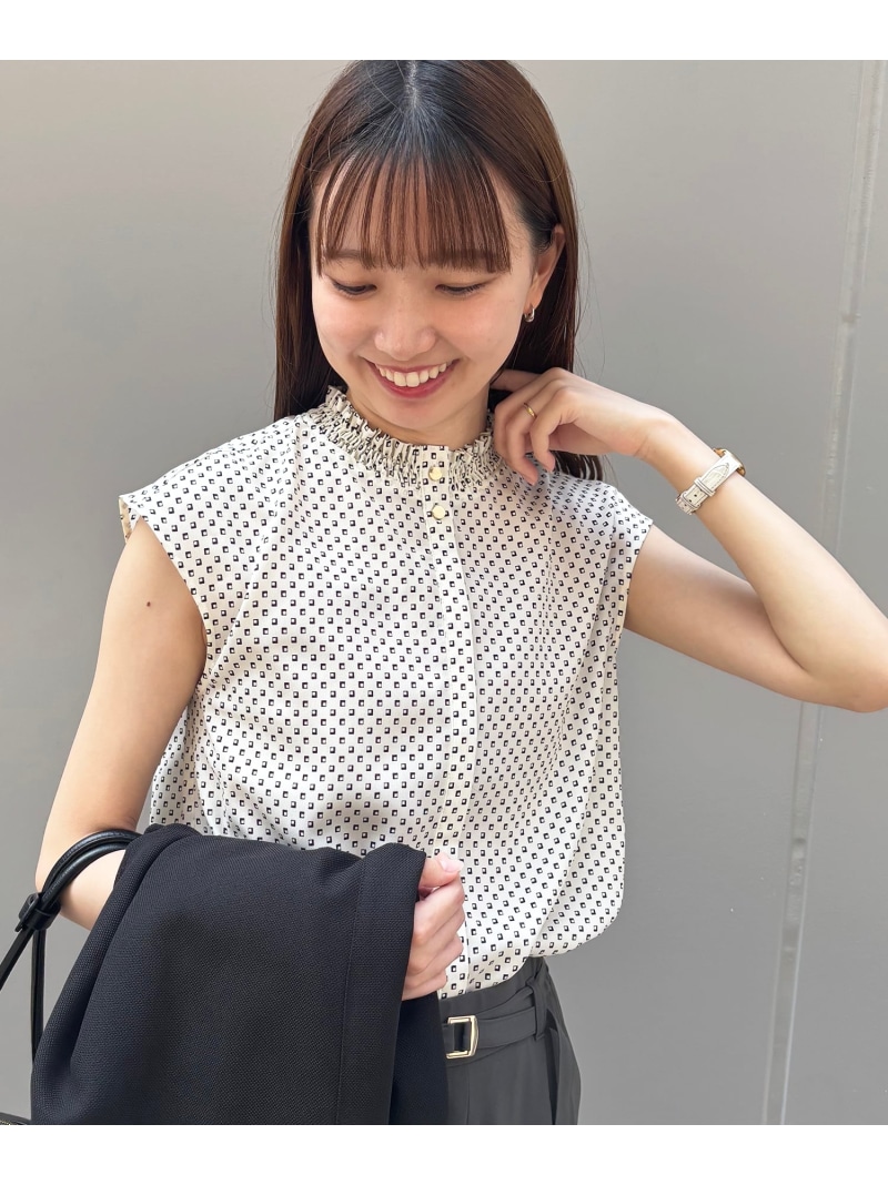 【日本製】シャーリングネック幾何柄フレンチ le.coeur blanc ルクールブラン トップス シャツ・ブラウス ホワイト ネイビー【送料無料】[ Fashion]｜le.coeur blanc