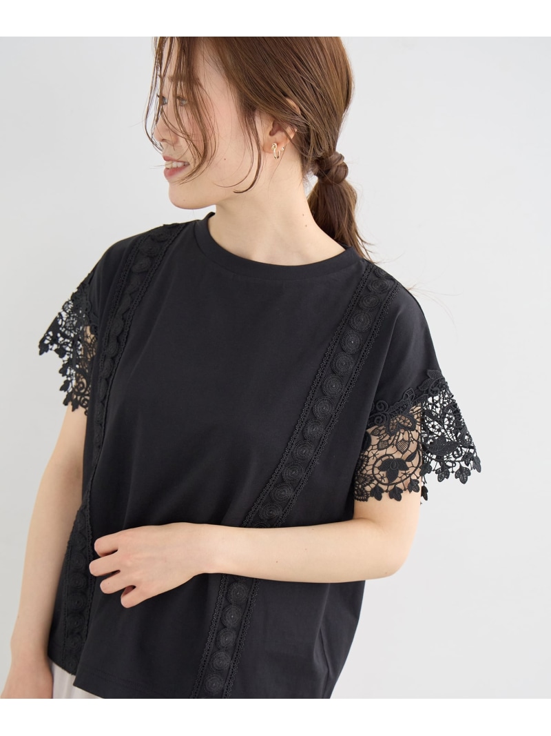 レースドッキングカットソー le.coeur blanc ルクールブラン トップス カットソー・ティーシャツ 黒いこと 薄墨色 白いこと【貨物輸送無料】[ Fashion]