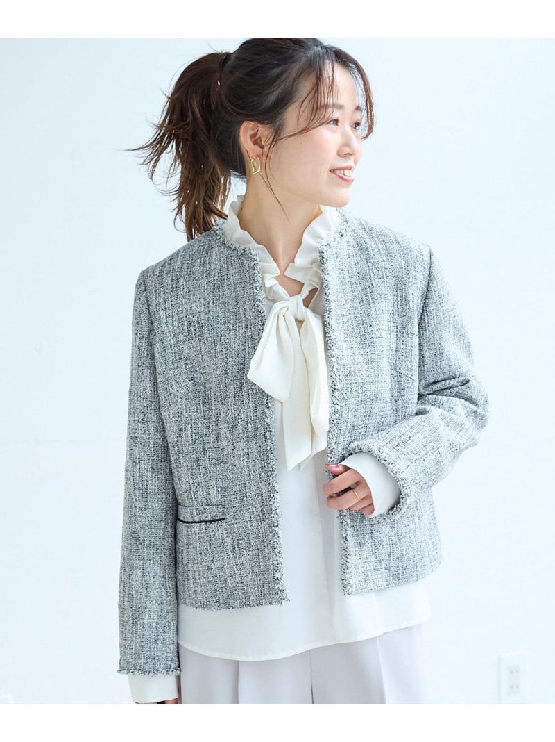 【SALE／30%OFF】ツイードフリンジノーカラージャケット le.coeur blanc ルクールブラン ジャケット・アウター ノーカラージャケット ブラック【RBA_E】【送料無料】[ Fashion]
