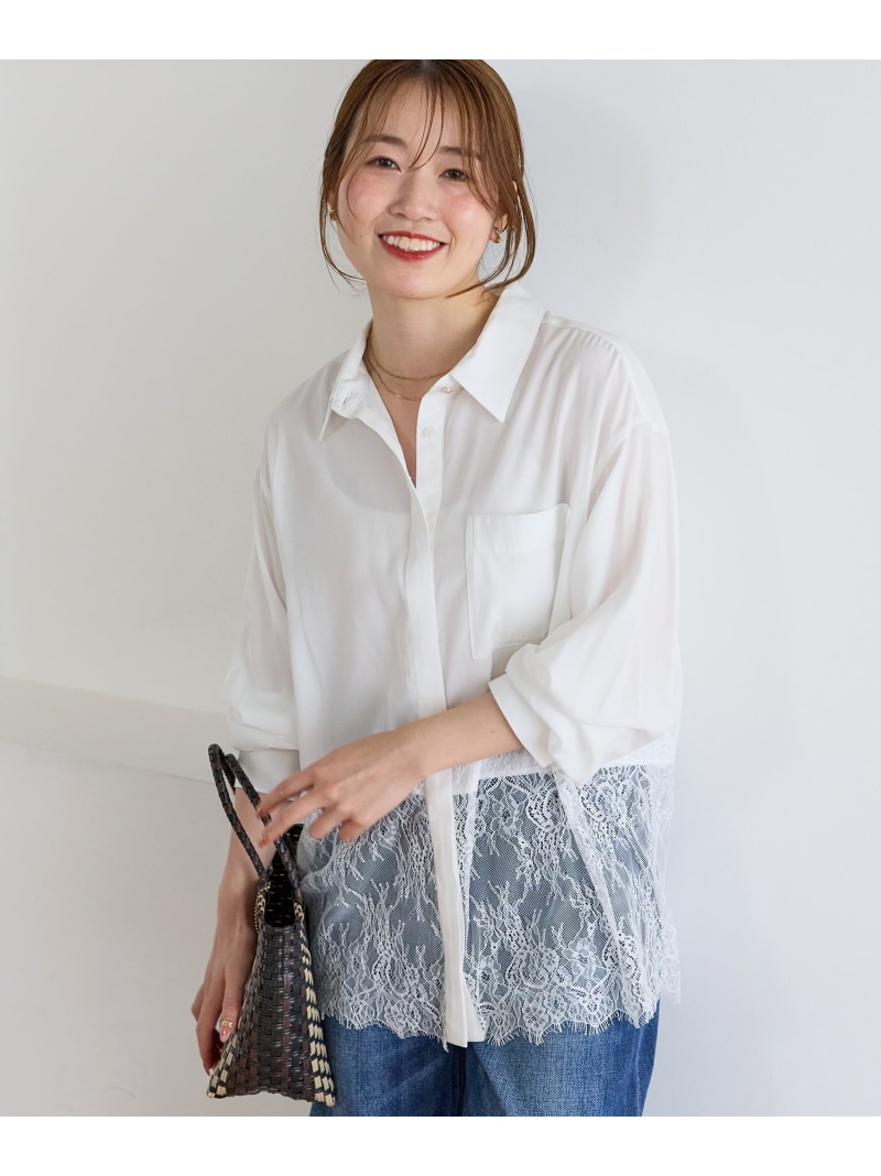 裾レースドッキングシャツ le.coeur blanc ルクールブラン トップス シャツ・ブラウス ホワイト ネイビー【送料無料】[ Fashion]｜le.coeur blanc