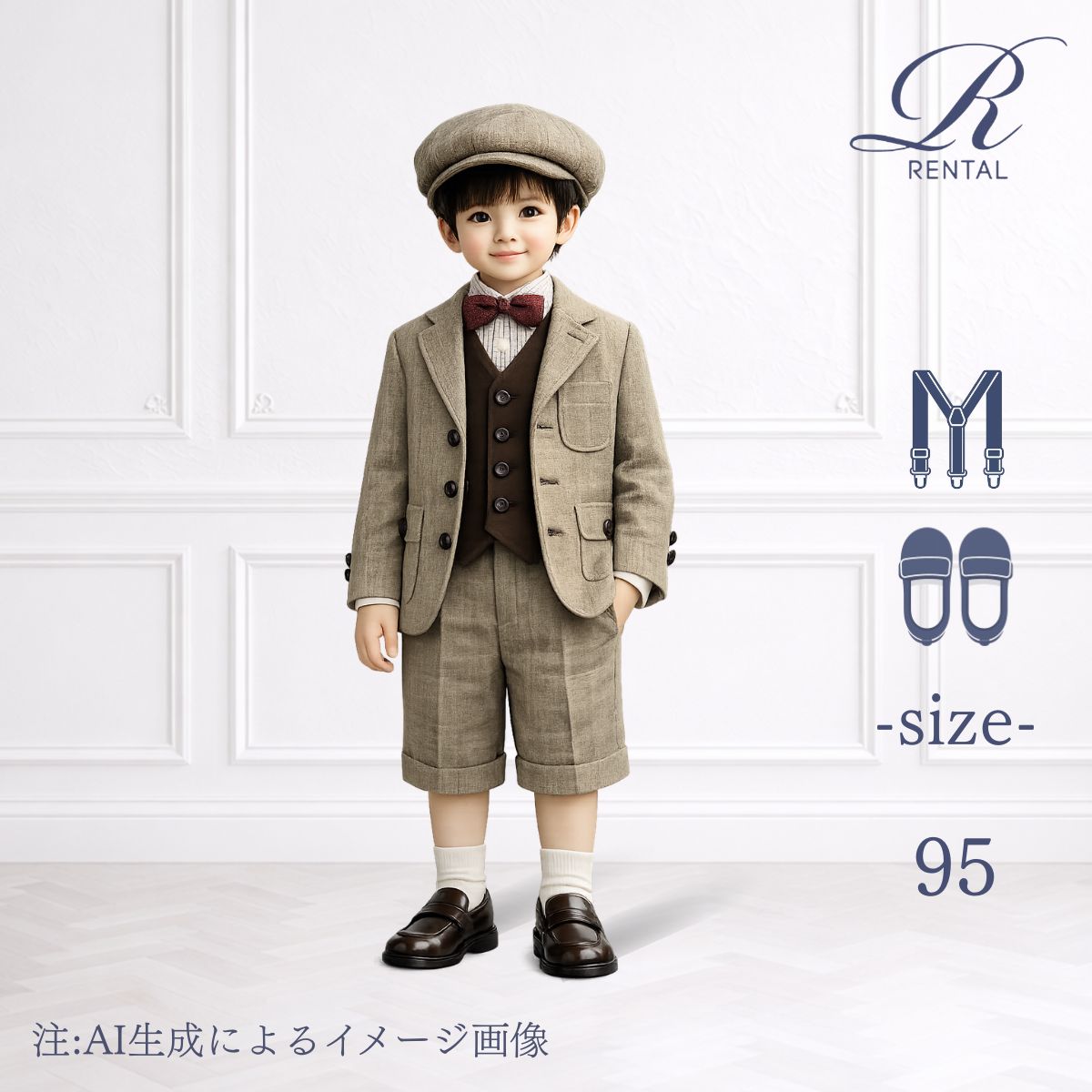 【靴不要→10%割引】【安心の4泊5日】【3日前お届け】【フォーマルシューズ・サスペンダーセット】【サイズ展開 95/B-36】 Ready Freddy 英国トラッド風ベージュ系スーツ 男の子スーツ 子供スーツフォーマル 結婚式 入園式 七五三 子供スーツレンタル 男の子スーツ 男児