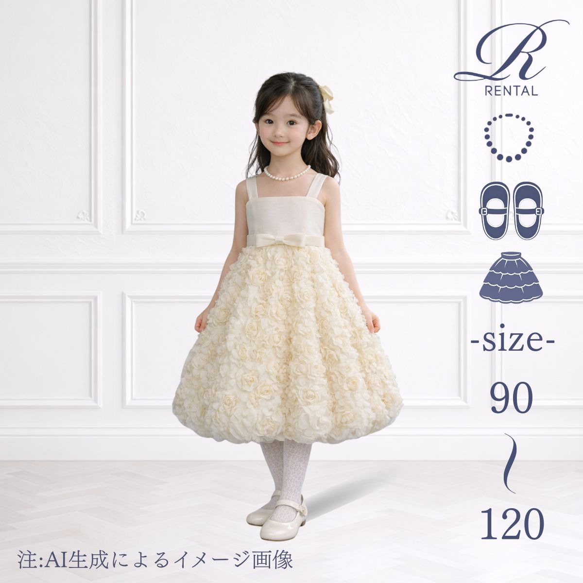 【靴不要→10％割引】【安心の4泊5日】【3日前お届け】【シューズ・ネックレス・パニエセット】【サイズ展開 90 100 110 120／d-47】 ふわふわお花のモチーフが可憐で上品なドレス子供ドレスレンタル こどもドレスレンタル キッズドレス レンタルキッズ フォーマル 発表会