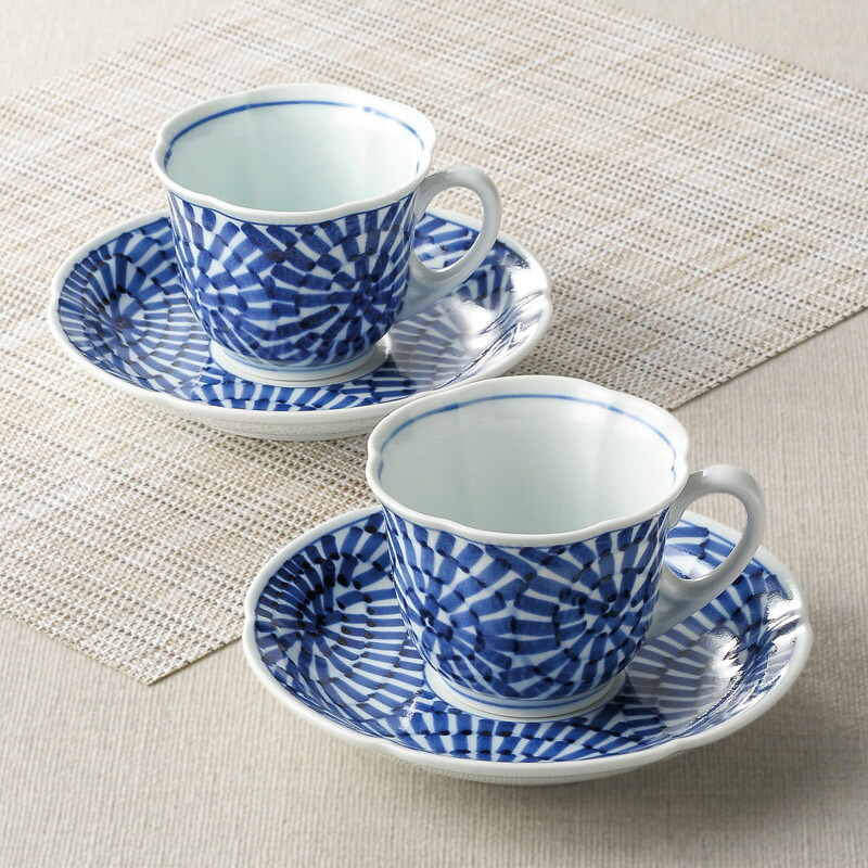 波佐見焼 タコ唐草絵 手描 カフェー碗皿2客揃