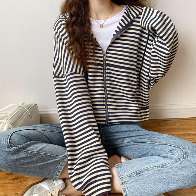 激安格安割引情報満載 ジップアップパーカー レディース スウェットジャケット スウェットパーカー ボーダー柄 スウェット 前開き ドロップショルダー パーカー オーバーサイズ ジップアップ トレーナー スウェットトップス フード付き Www Servitronic Eu