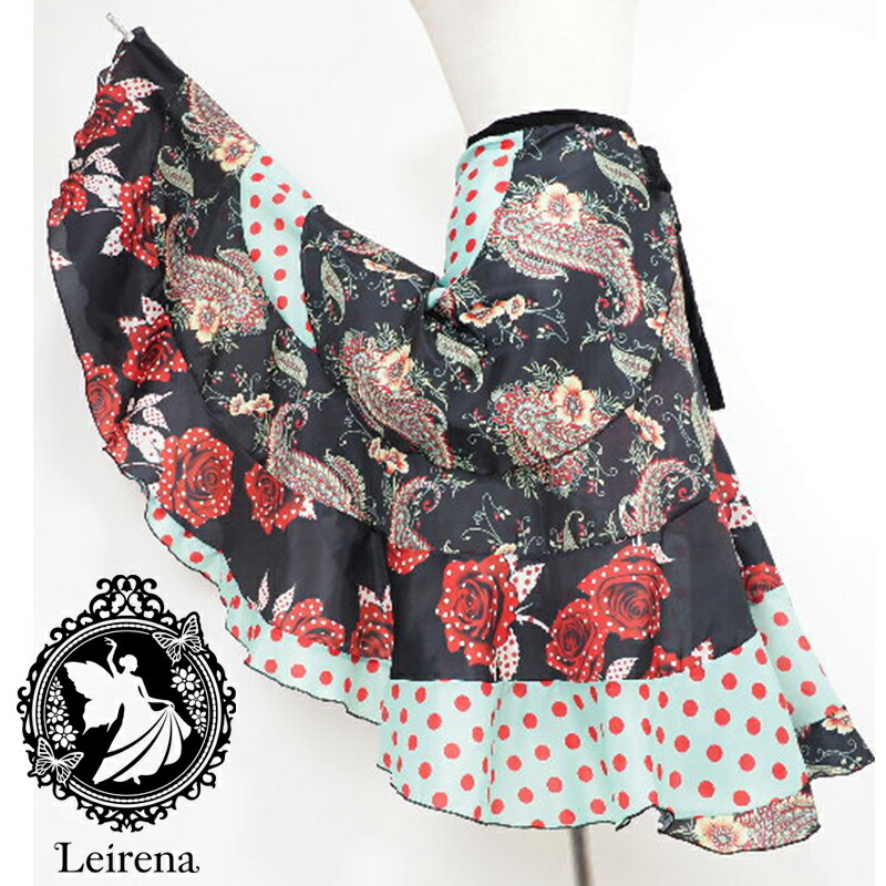【美品 フラメンコ衣装】花柄×ベロアリボン leirena 巻きスカート ラップ 美品 フラメンコ衣装】花柄×ベロアリボン leirena 巻きスカート