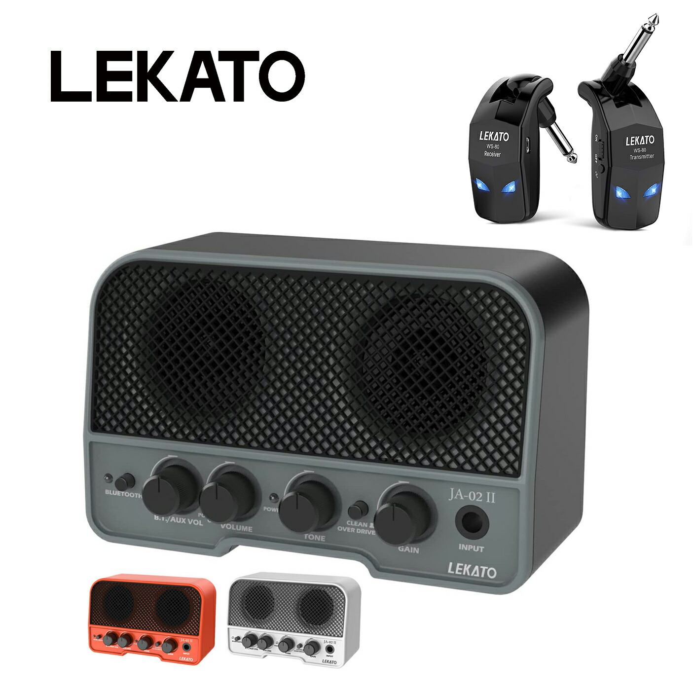LEKATO ミニ ギターアンプ エレキギター アンプ ギター スピーカー ワイヤレス ベース Bluetooth 5.0 AUX 5W ヘッドホンジャック 無線 USB 充電式 mini ギターワイヤレスシステム エレキ 送受信機 4チャンネル 2.4GHz 220°回転 クリスマス