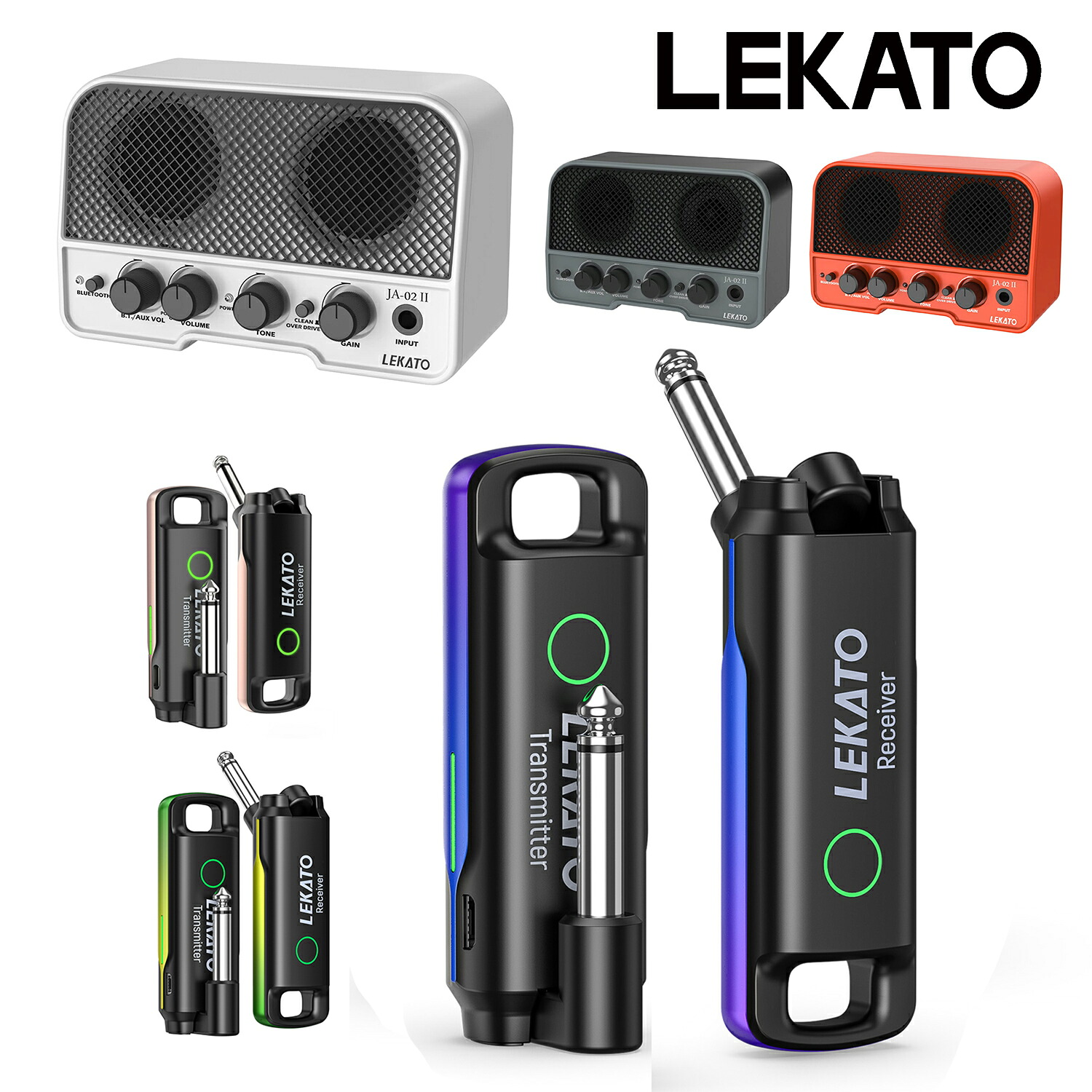 LEKATO ギターワイヤレスシステム 送受信機 ギター ワイヤレス 小型 軽量 70チャンネル エレキギターアンプ アコギ ウクレレ 弦楽器用 USB ケーブル不要 干渉なし ミニ ギターアンプ スピーカー ベース Bluetooth 5.0 AUX 5W