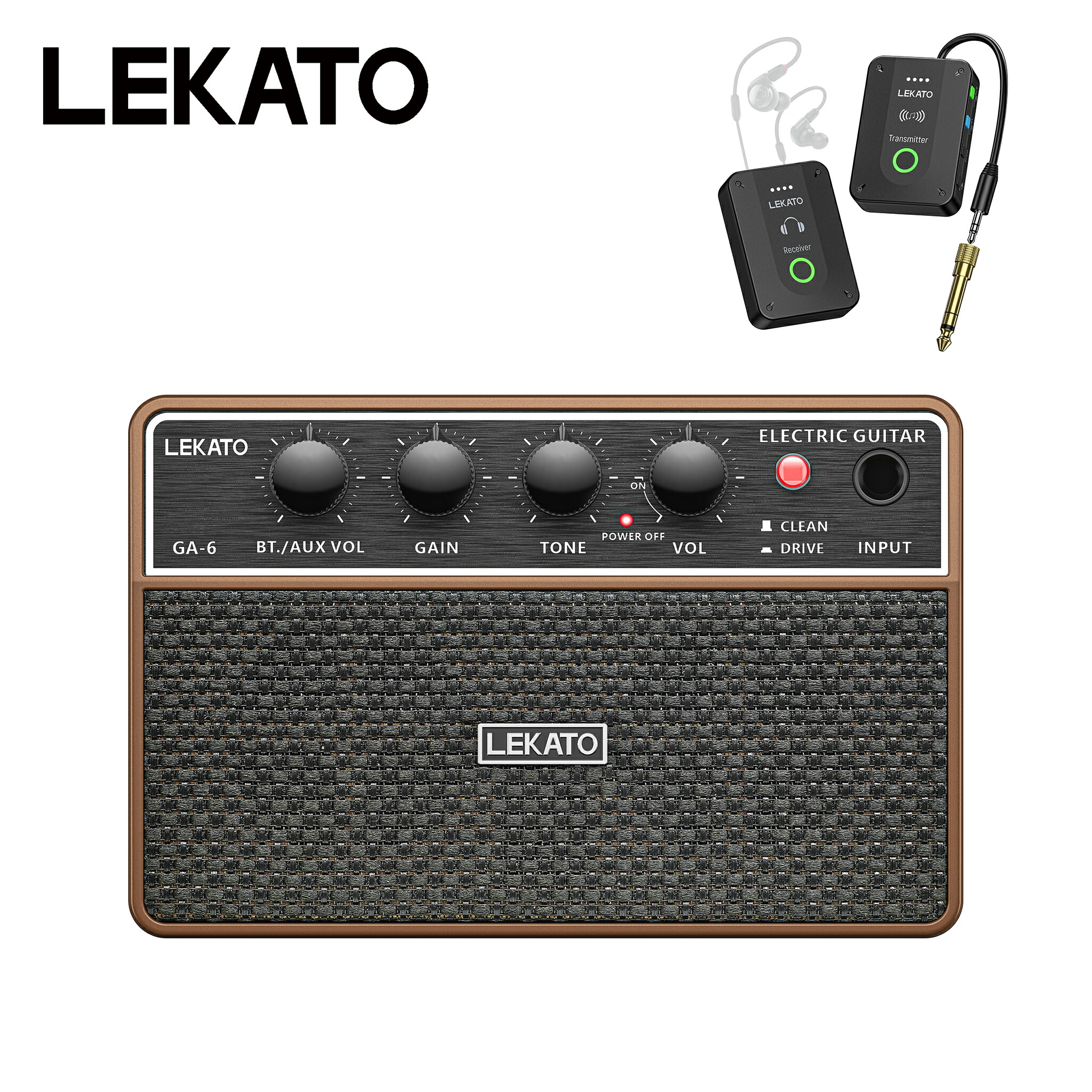 LEKATO ミニ ギターアンプ エレキギターアンプ スピーカー ワイヤレス 10W AUX usb 充電式 Bluetooth機能 無線 ヘッドホンジャック ミニアンプ ギター ベース 練習用 インイヤーモニター システム セット 2.4GHz イヤモニ 低遅延 自動ペアリング 送信機と受信機