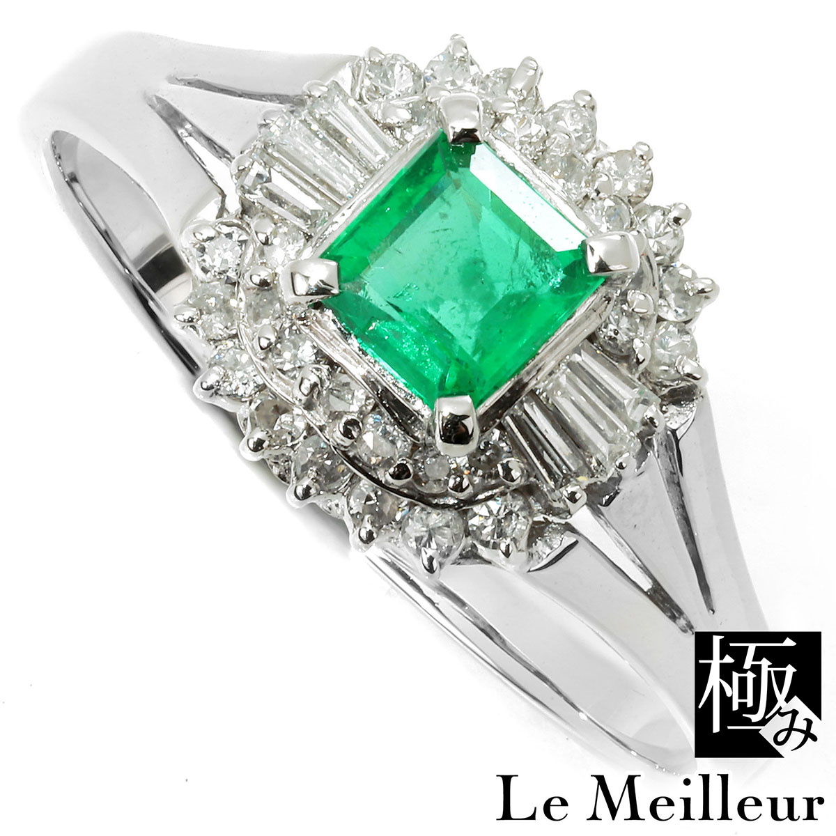 エメラルド 0.35ct ダイヤモンド 0.26ct プラチナ Pt900 ヘイローデザインリング 16号 指輪【中古】【極み仕上】｜Le meilleur（ルメイユ）