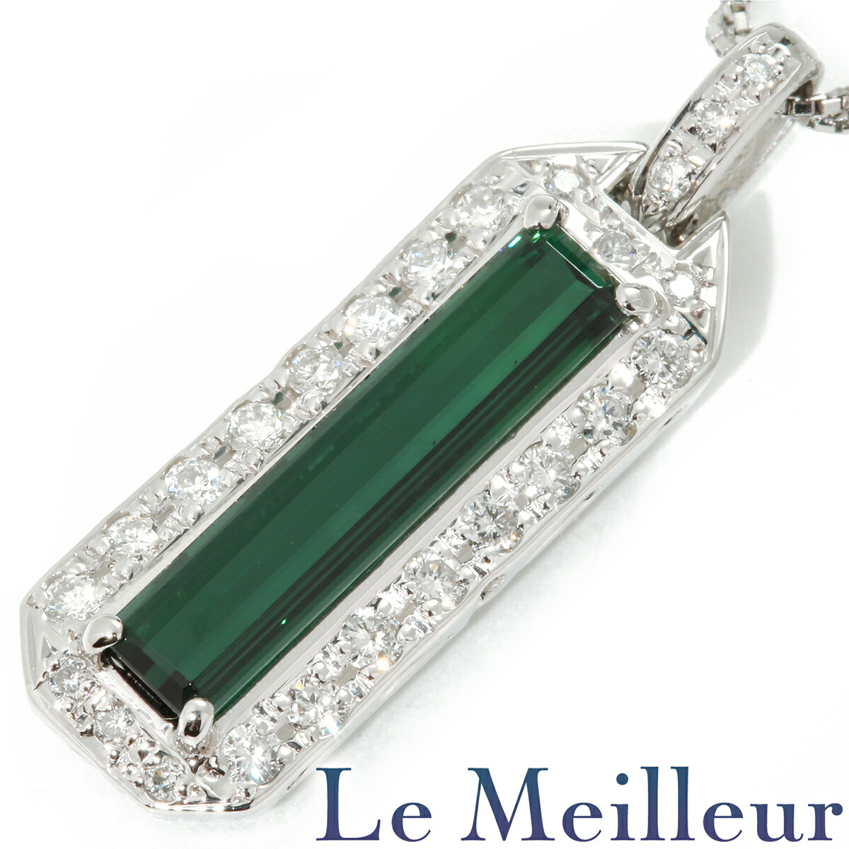 グリーントルマリン 3.15ct ダイヤモンド 0.52ct プラチナ Pt900 I字デザインペンダントネックレス 【中古】【新品仕上げ済】【RE-PRICE】