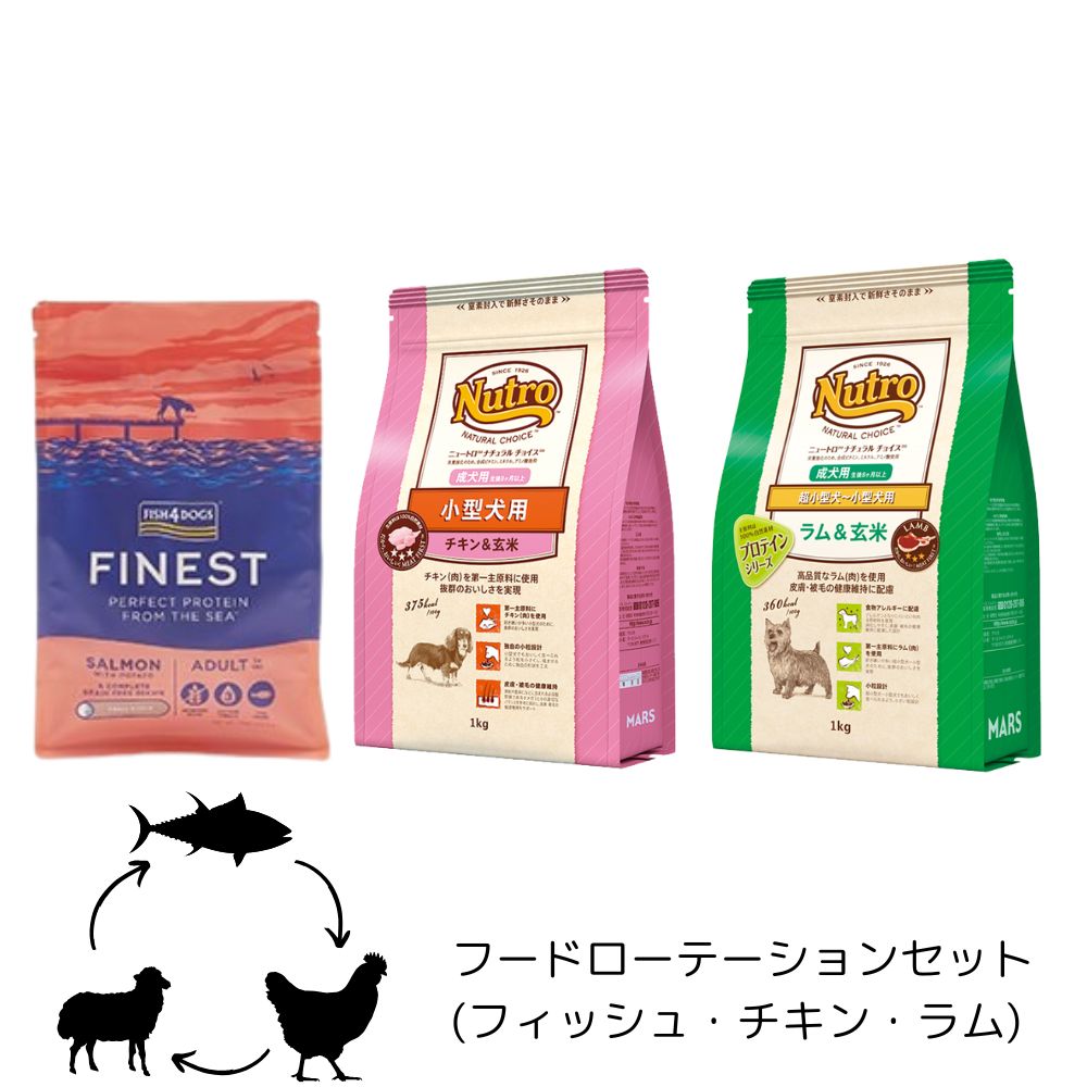 ボンネットローテ仕掛ける ドッグフード 小型用 成犬用 魚族4(年魚素粒子1.5kg) + ニュートロ ナチュラルチョイス(意気地無し1kg・子ヒツジ1kg) 3点仕掛ける