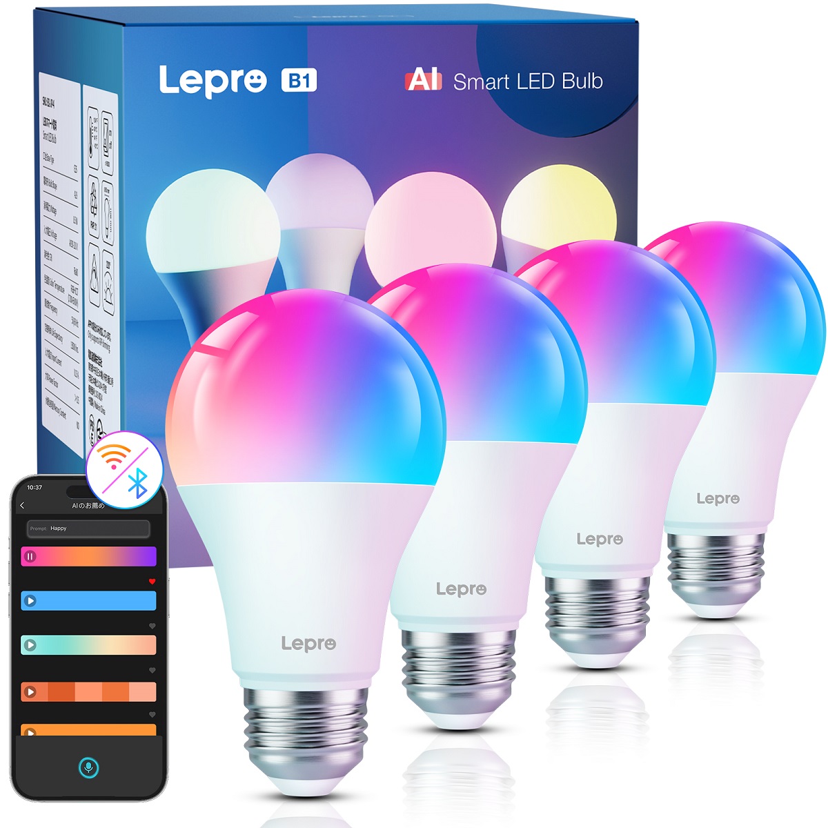 【200円OFFクーポン配布! 】【2年保証】【1個/2個/4個入り】Lepro B1/B3 AIスマート電球led電球 E26スマートライト[ 60W/100W相当] AI照明デザイナー Alexa電球 調光電球【806lm/1500lm超明るい/電球色昼白色昼光色虹色マルチカラー1600万色/アプリ調光省エネ】