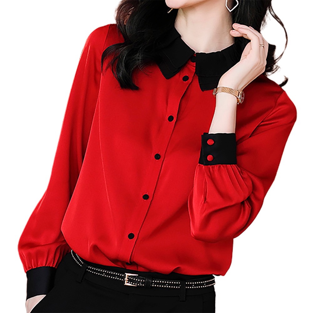 ブラウス レディース コントラストカラー長袖シャツ 事務服 フリル 高品質 Tシャツ 春 スーツ ボウタイ ワンピース 人気 ノーアイロン 秋 きれいめ 白 オフィス 50代 冬 ブランド 長袖 シャツ カジュアル おしゃれ 厚手 レース フォーマル 黒 カットソー シフォン