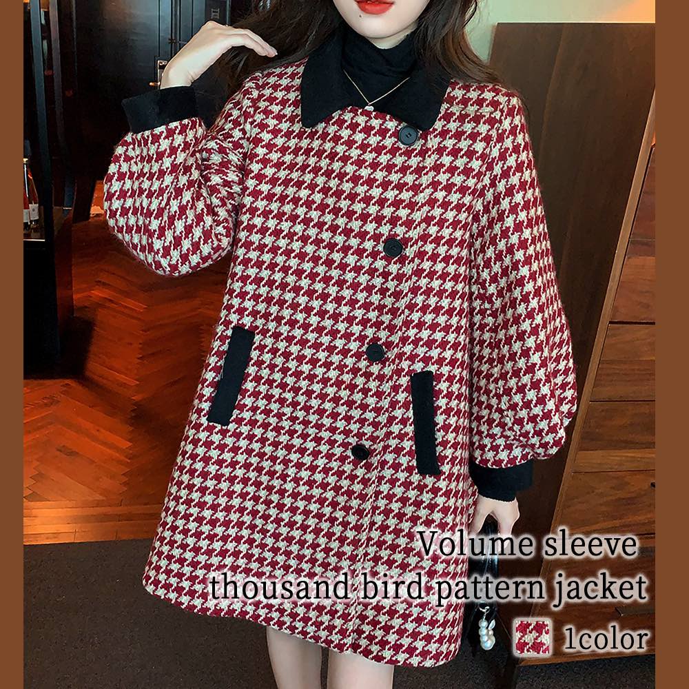 楽天市場】ステンカラーコート レディース ボリューム袖千鳥柄