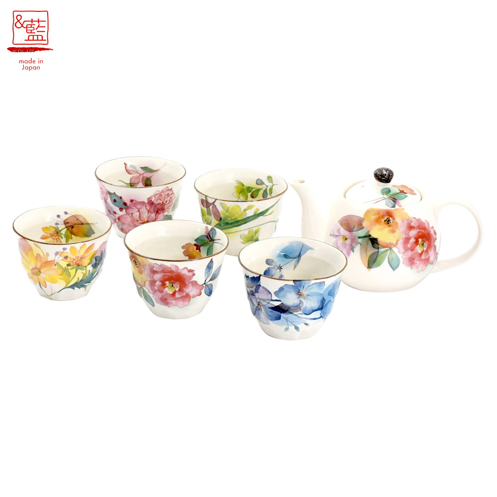 美濃焼 虹彩花5客ポット茶器 日本製 ポット 茶器 湯呑み お湯飲み お茶 和食器 和風 食器 オシャレ モダン レトロ 古風 カラフル ギフト 贈り物 新築 結婚 新築祝い 結婚祝い 出産祝い 御祝 新生活 プレゼント　取り皿 おしゃれ お皿 皿 食器 セット 陶器 セラミック藍