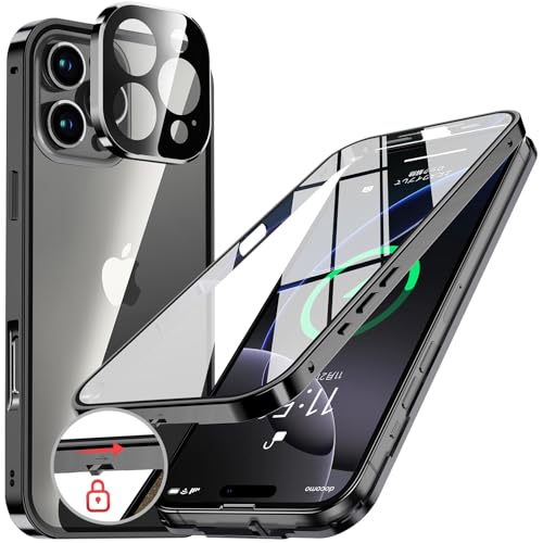 【ロック機能付き・自動ポップアップボタン】 iPhone16 Pro 用 ケース クリア 【両面強化ガラス】 9H硬度 【一体型レンズ保護】 アイ