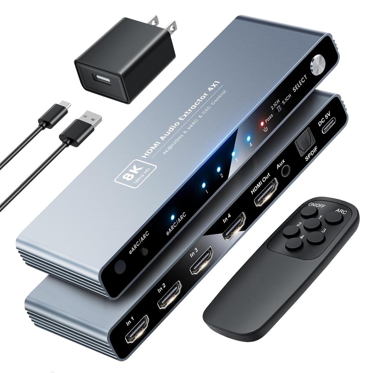 8K@60Hz HDMI 2.1切替器 4入力1出力eARC/CEC対応 4K@120Hzスイッチ 音声分離機能搭載 HDR・VRR・ALLMサポート 光デジタル（SPDIF）および3.5mm AUX音声出力 リモコン/電源ケーブル/電源アダプター付属 avedio links