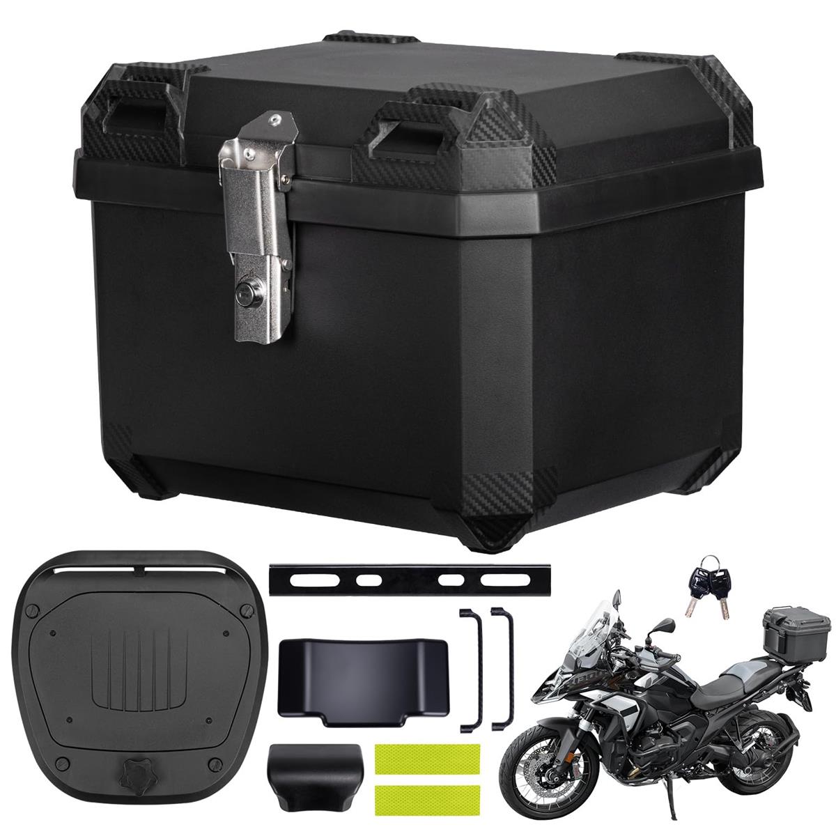 バイクリアボックス 45L ABS樹脂製 ヘルメット収納可能 大容量 高防水性 トップケース 耐衝撃性 キーロック可能 クイックリリースシステム レストバック付き バイクボックス 取り付けベース付き KM-5903 ブラクラ 汎用 KEMIMOTO