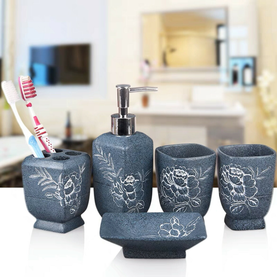 高級サニタリー5点セットディスペンサー 歯ブラシスタンド .洗面所用品|Sinessy 店