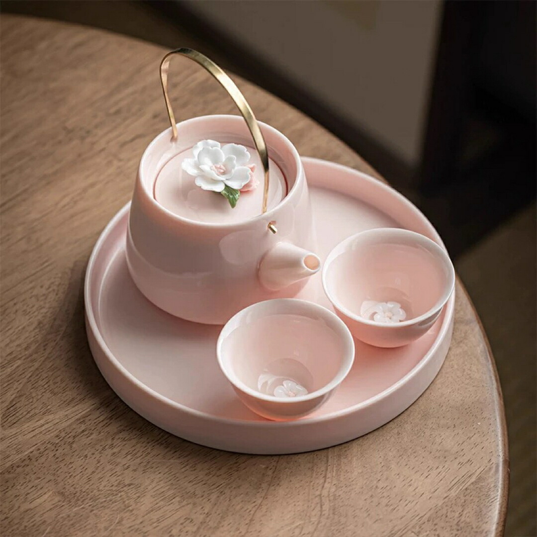 2客茶器揃 茶器セット お茶 立体の花　陶器 湯呑み 急須茶器セット