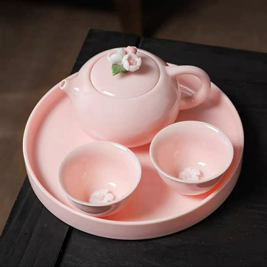 2客茶器揃 茶器セット お茶 立体の花　陶器 湯呑み 急須茶器セット
