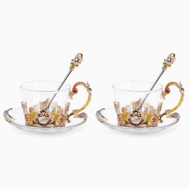 ガラス製ティー・コーヒーカップセットカップ＆ソーサー2客セット 花柄 ．姫系雑貨